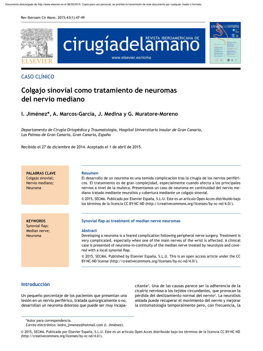 Pdf Colgajo Sinovial Como Tratamiento De Neuromas Del Nervio Mediano