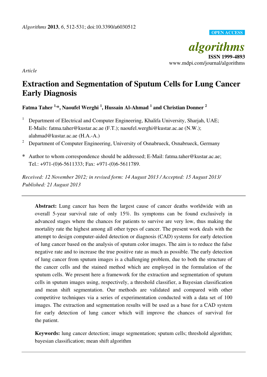 Pdf Extraction And Segmentation Of Sputum Cells For Lung Cancer Early Diagnosis 9046