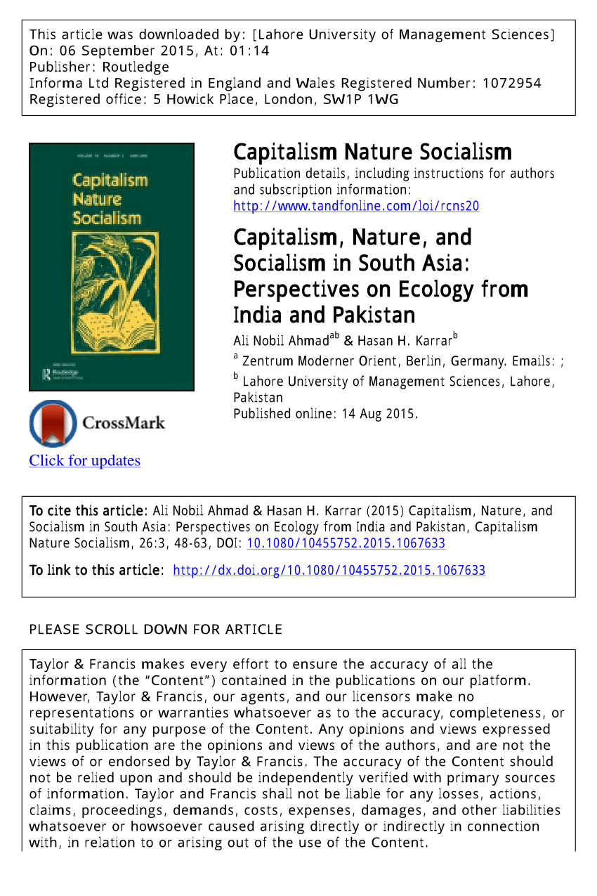 Capitalism, Nature, and Socialism in South Asia: Perspectives on Ecology from India and Pakistan
