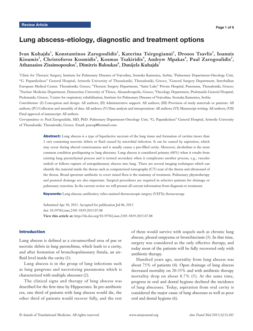 Pdf Lung Abscess Etiology Diagnostic And Treatment Options