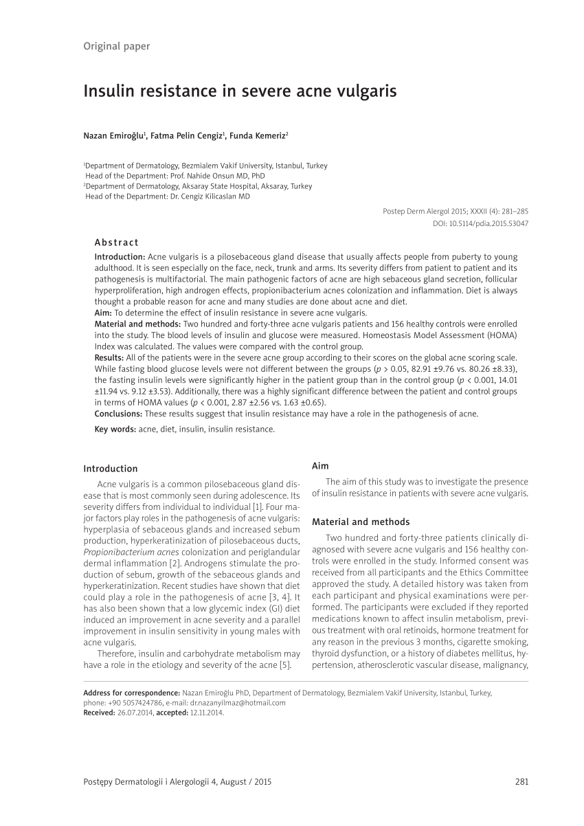 Pdf Original Paper Insulin Resistance In Severe Acne Vulgaris