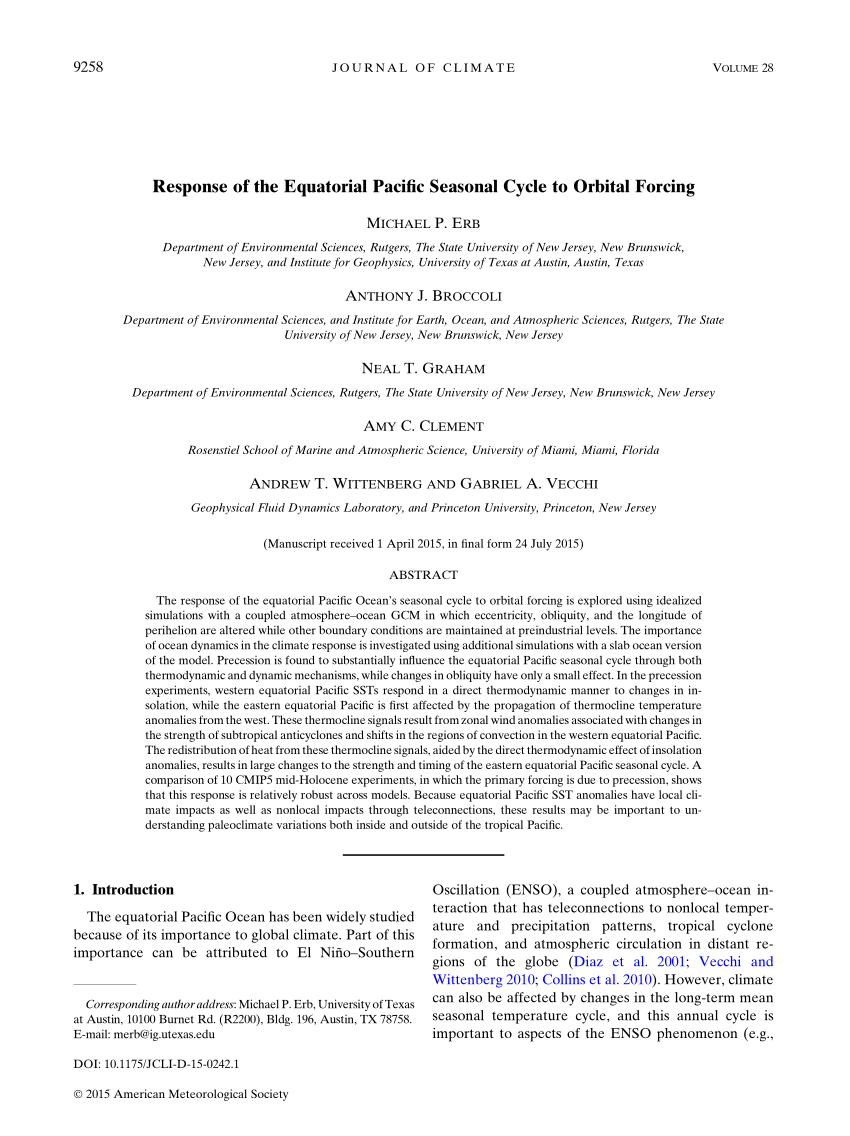 Pdf Response Of The Equatorial Pacific Seasonal Cycle To Orbital Forcing