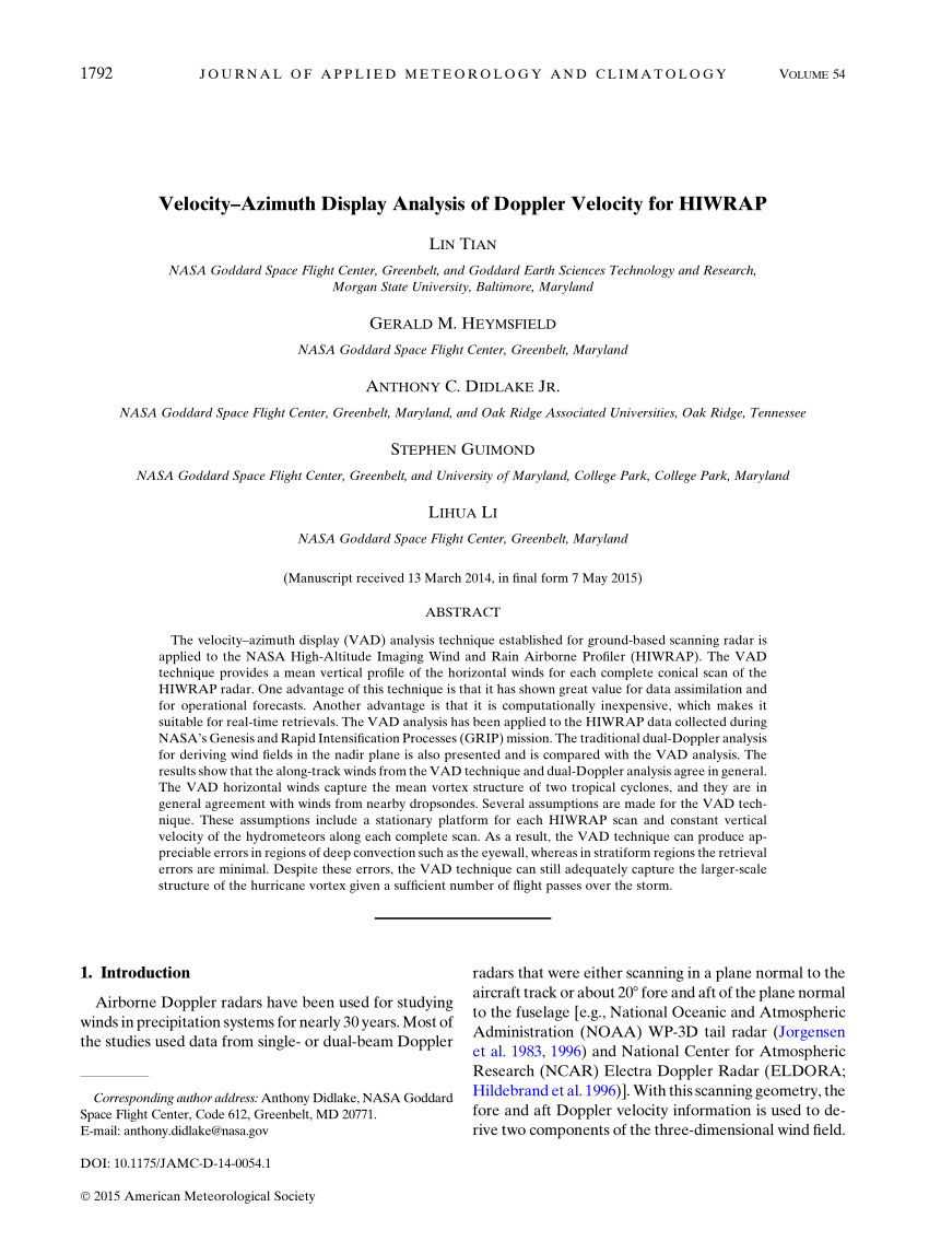 Pdf Velocity Azimuth Display Analysis Of Doppler Velocity For Hiwrap