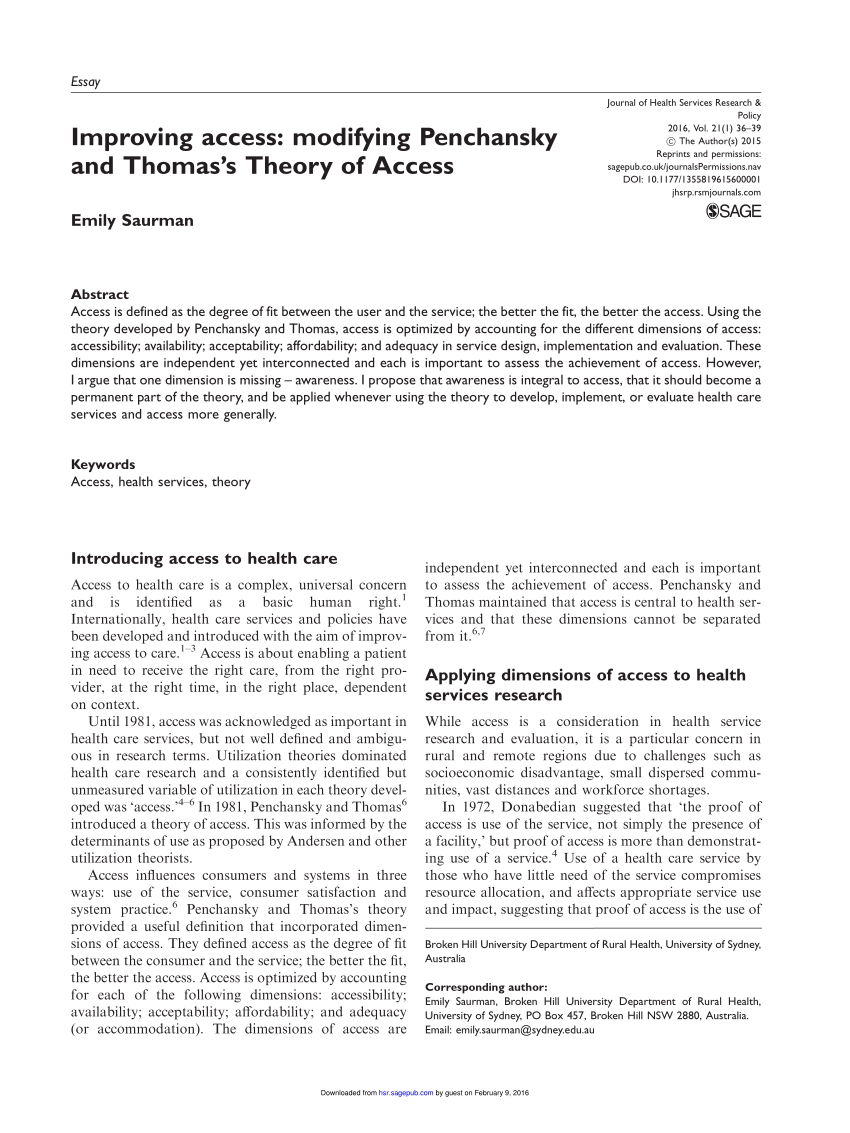 Pdf Improving Access Modifying Penchansky And Thomas S Theory Of Access