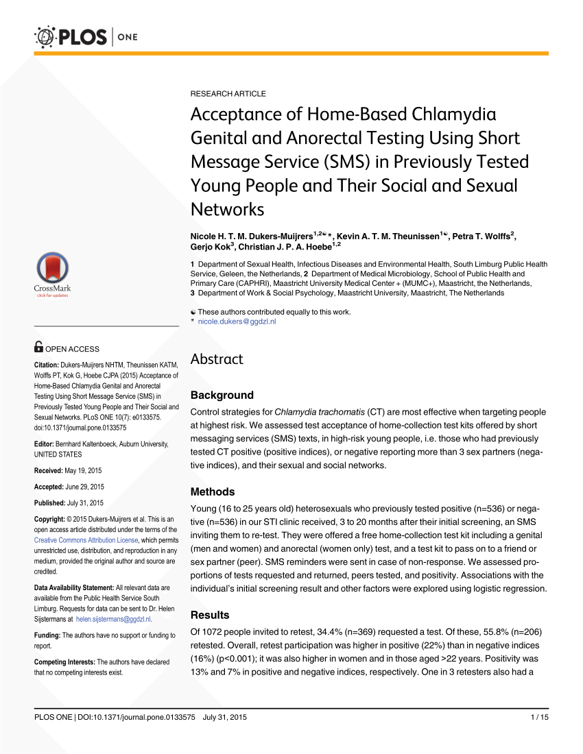 PDF) Acceptance of Home-Based Chlamydia Genital and Anorectal Testing Using  Short Message Service (SMS) in Previously Tested Young People and Their  Social and Sexual Networks