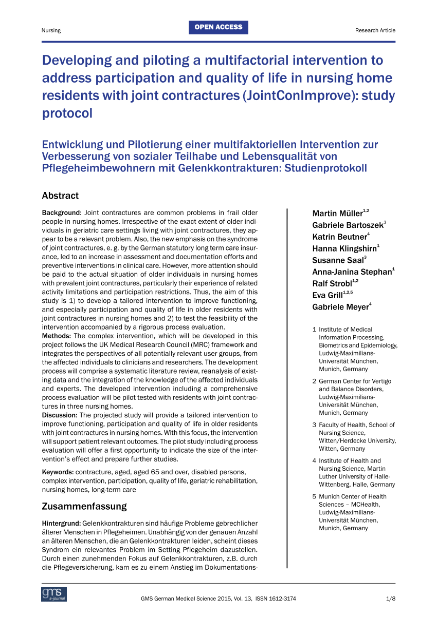 Pdf Developing And Piloting A Multifactorial Intervention To Address Participation And Quality Of Life In Nursing Home Residents With Joint Contractures Jointconimprove Study Protocol