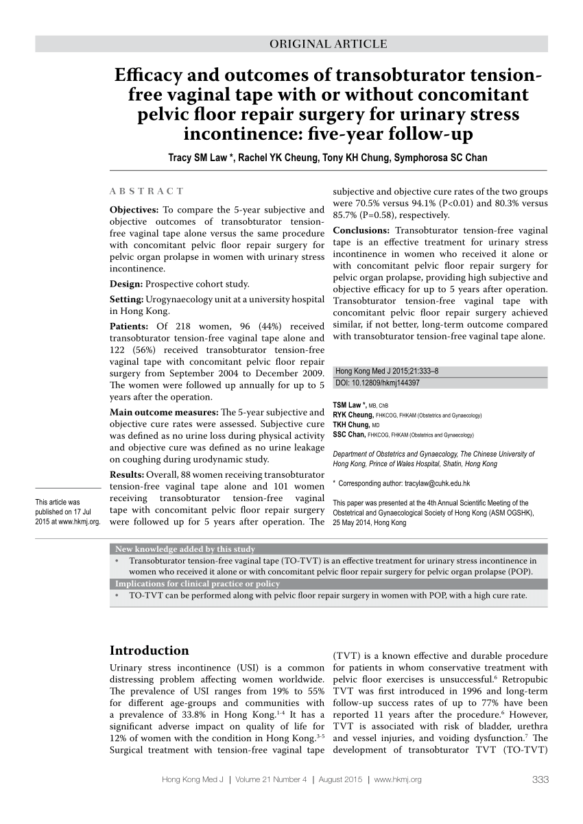 Pdf Efficacy And Outcomes Of Transobturator Tensionfree