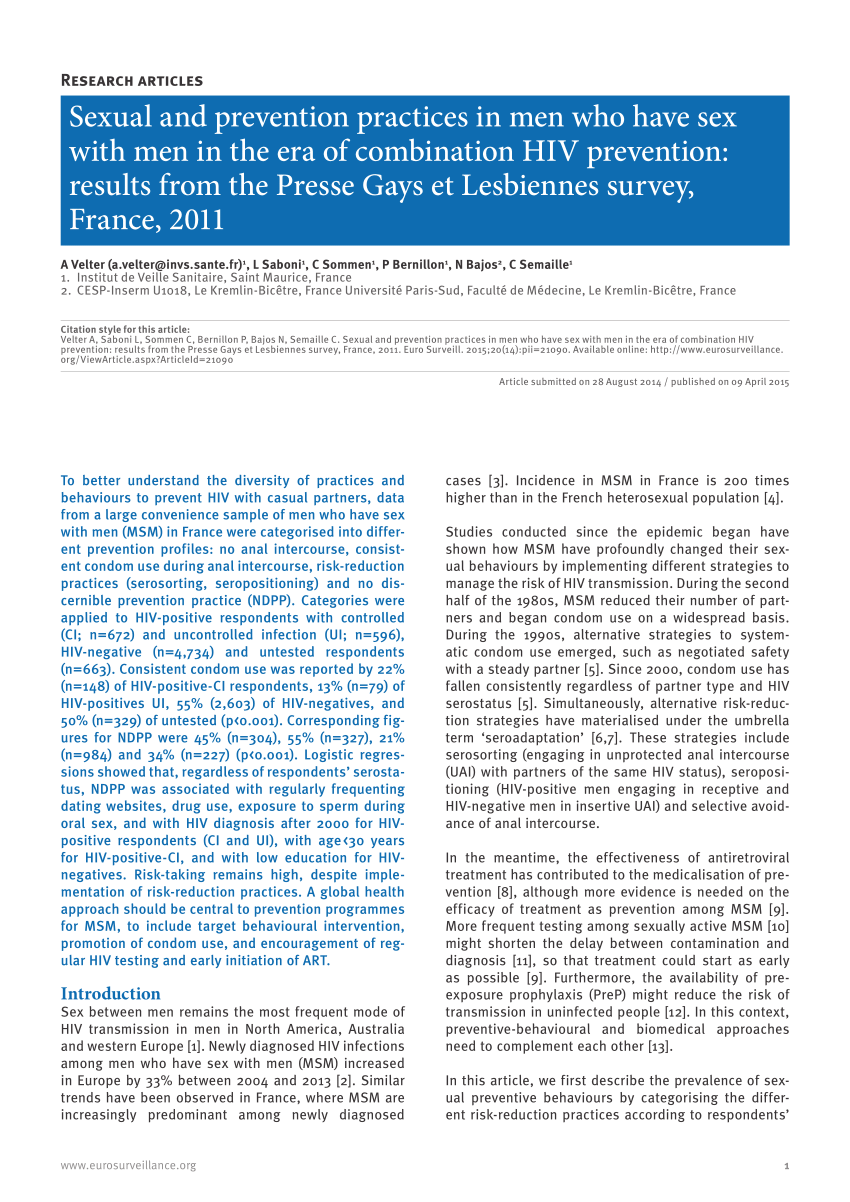 PDF) Sexual and preventin practices in men who have sex with men in the era  of combination HIV prevention: Results from the Presse Gays et Lesbiennes  survey, France,2011