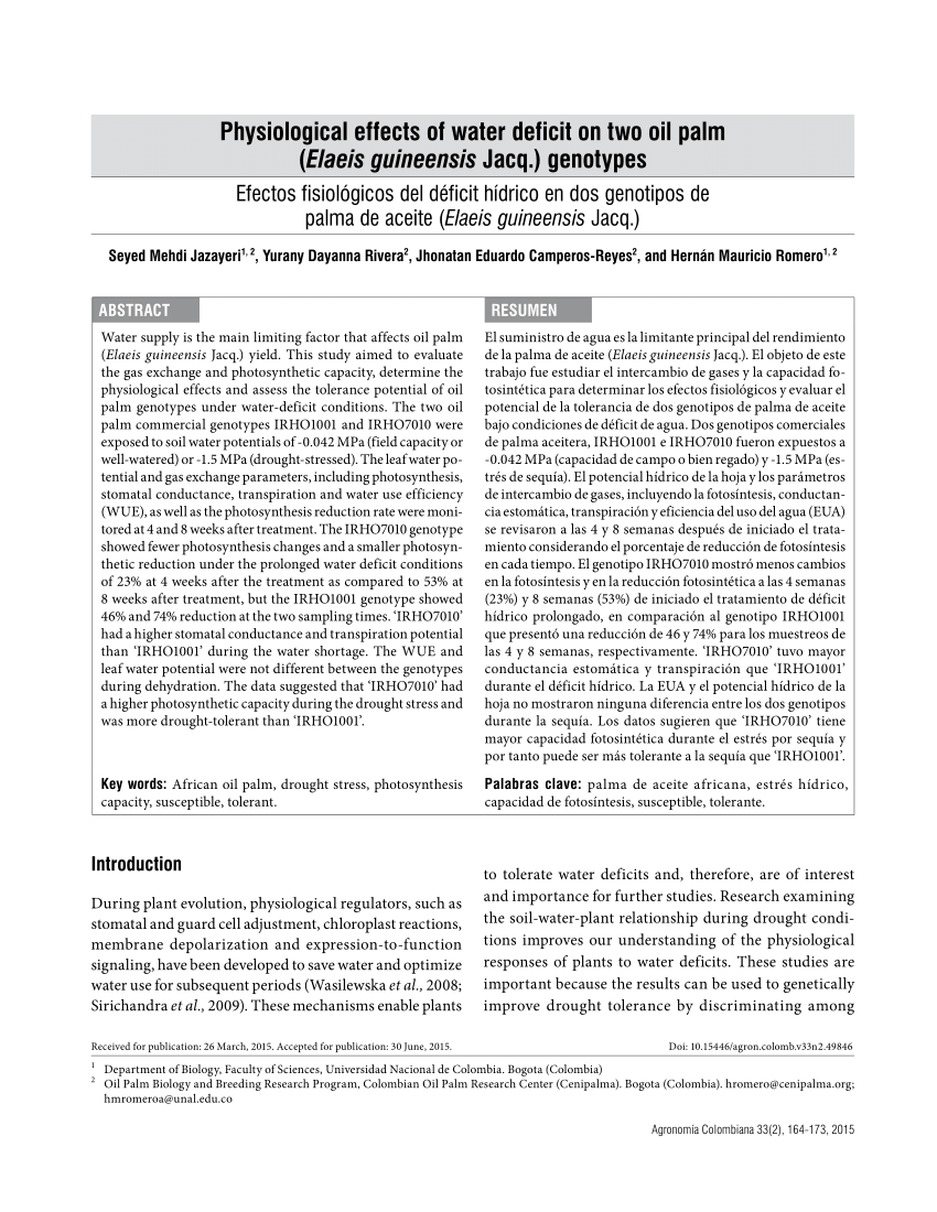 Pdf Physiological Effects Of Water Deficit On Two Oil Palm Elaeis Guineensis Jacq Genotypes