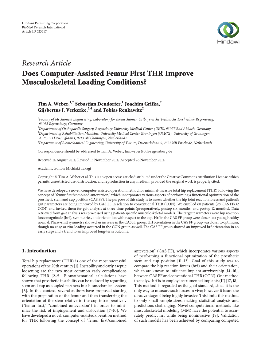 Pdf Does Computer Assisted Femur First Thr Improve Musculoskeletal Loading Conditions