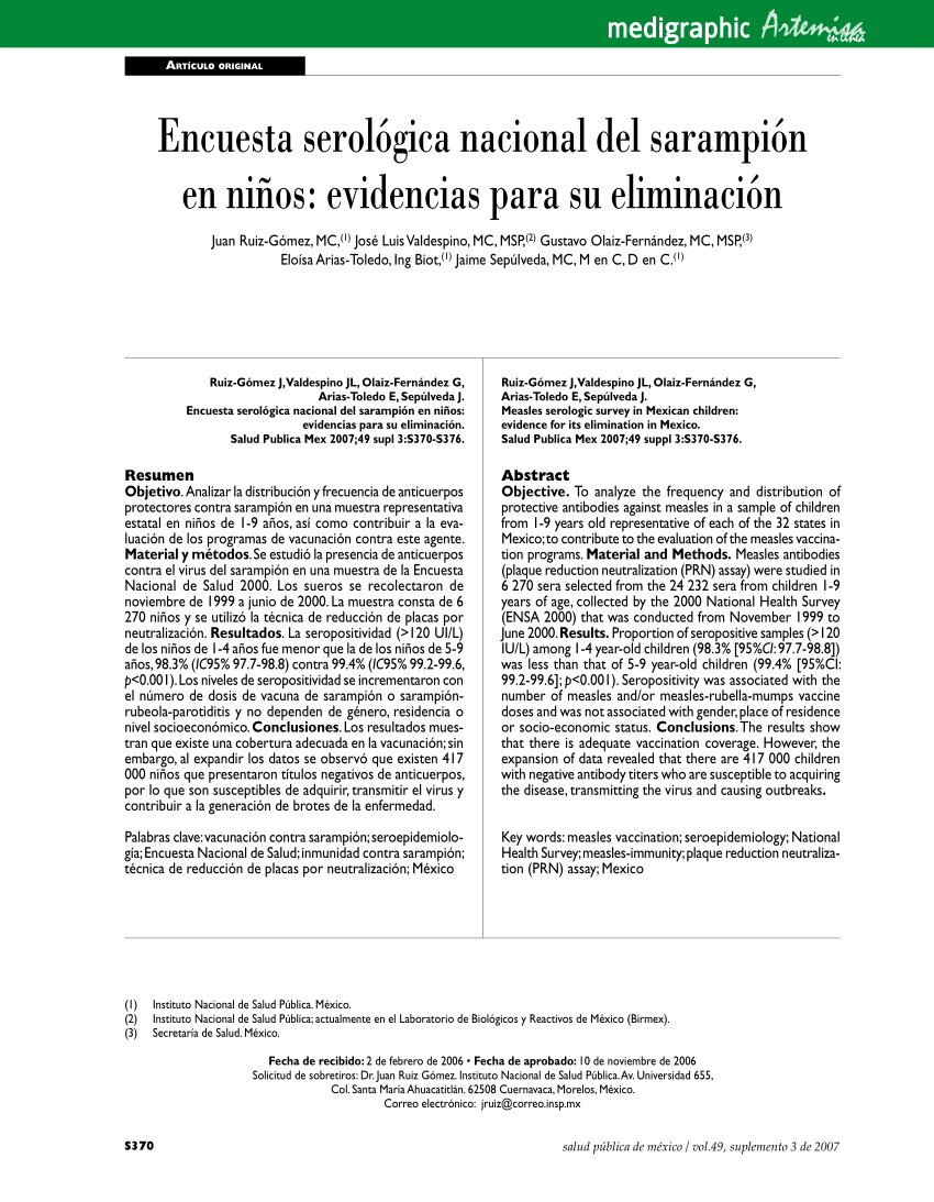 Pdf Encuesta Serologica Nacional Del Sarampion En Ninos