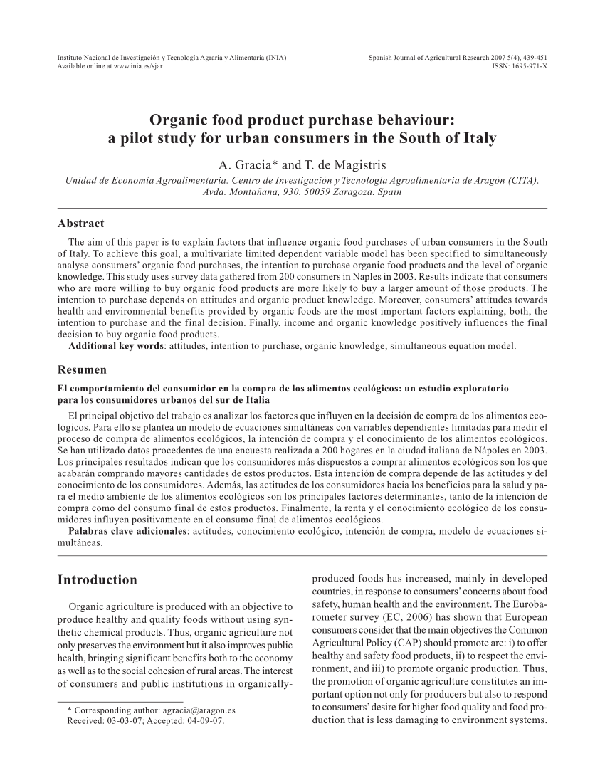Pdf Organic Food Product Purchase Behaviour A Pilot Study For Urban Consumers In The South Of Italy