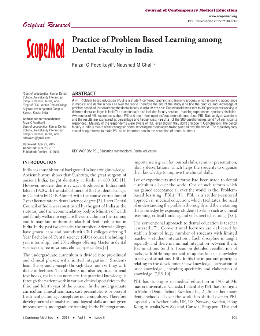(PDF) Practice of Problem Based Learning among Dental Faculty in India