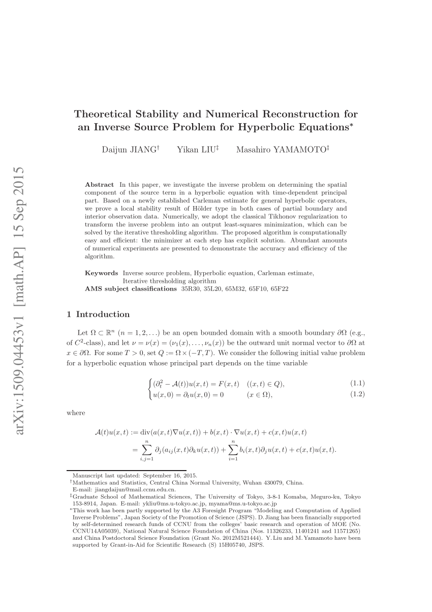 Pdf Theoretical Stability And Numerical Reconstruction For An Inverse Source Problem For Hyperbolic Equations