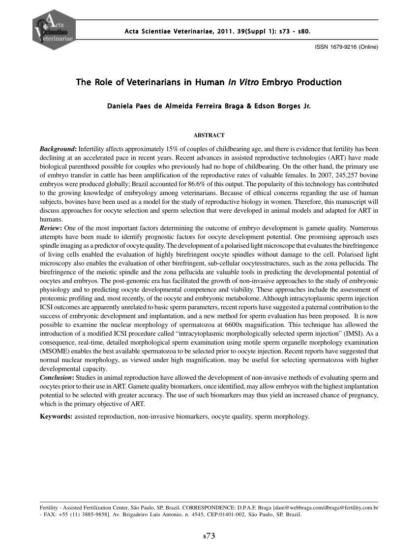 (PDF) The role of veterinarians in human in vitro embryo production