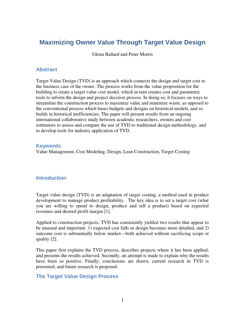 PDF) Maximizing owner value through target value design