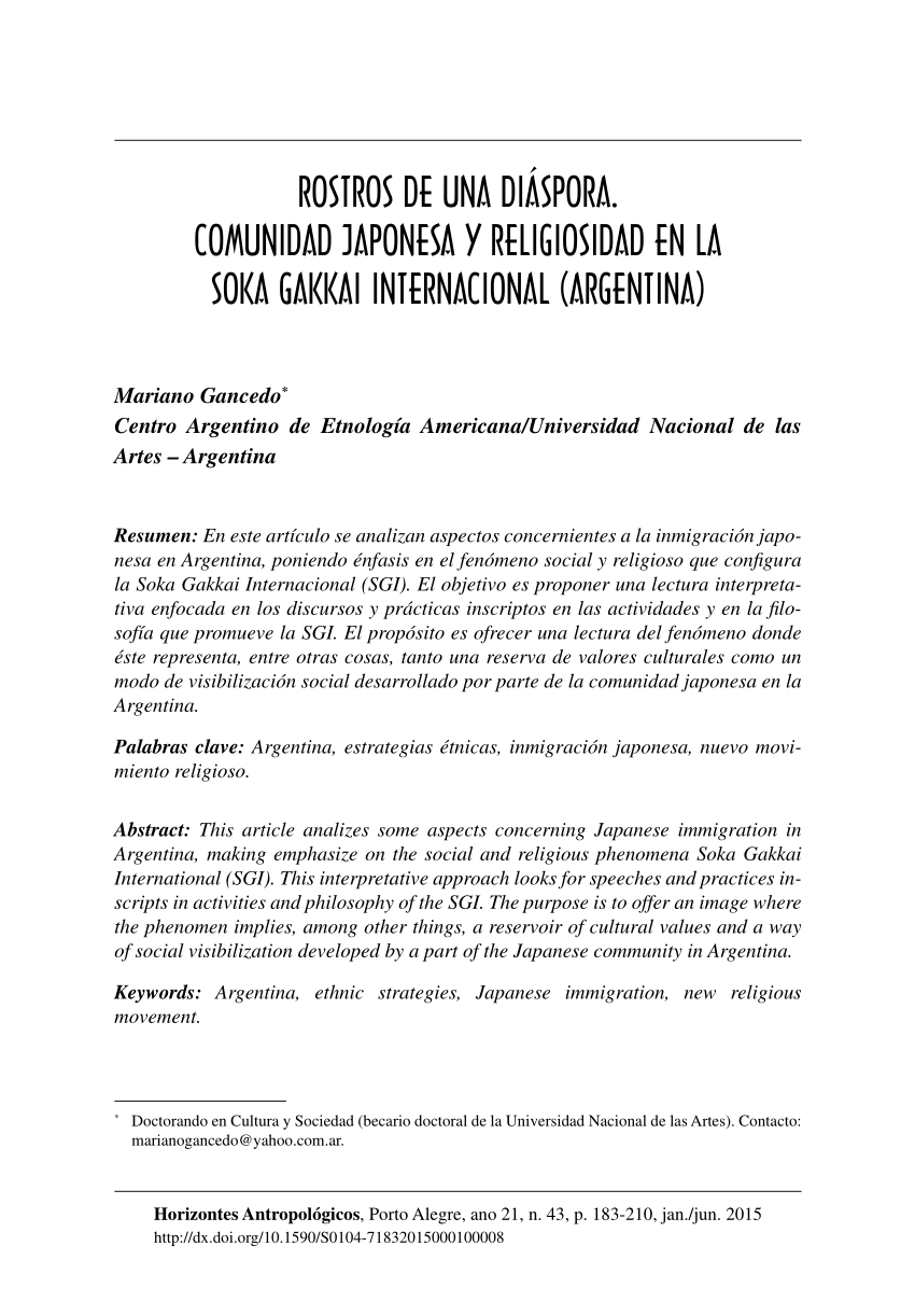 PDF) Rostros de una diáspora. Comunidad japonesa y religiosidad en la Soka  Gakkai Internacional (Argentina)