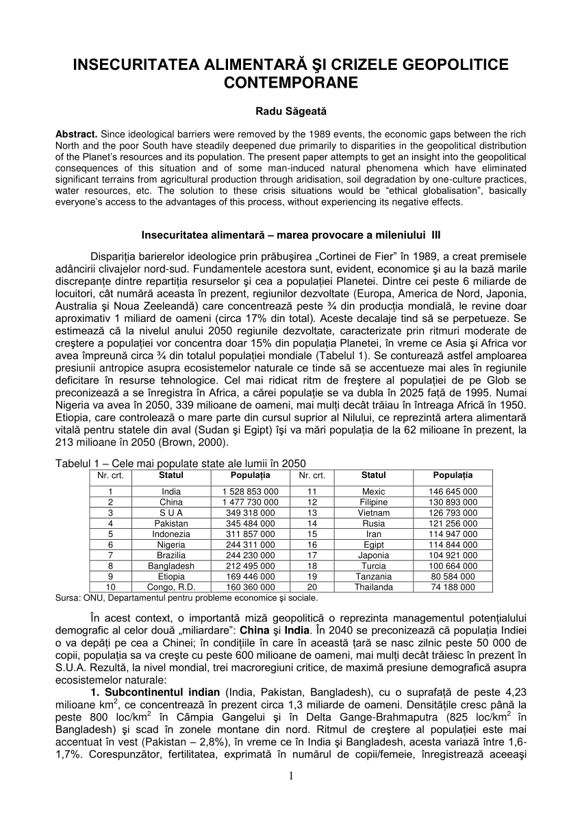 Pdf Insecuritatea AlimentarÄƒ Si Crizele Geopolitice Contemporane