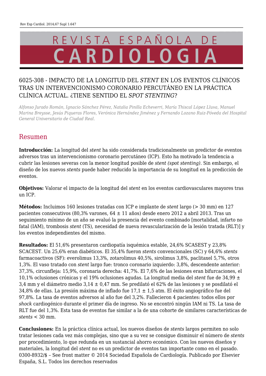 Pdf Impacto De La Longitud Del Stent En Los Eventos Cl Nicos Tras Un Intervencionismo