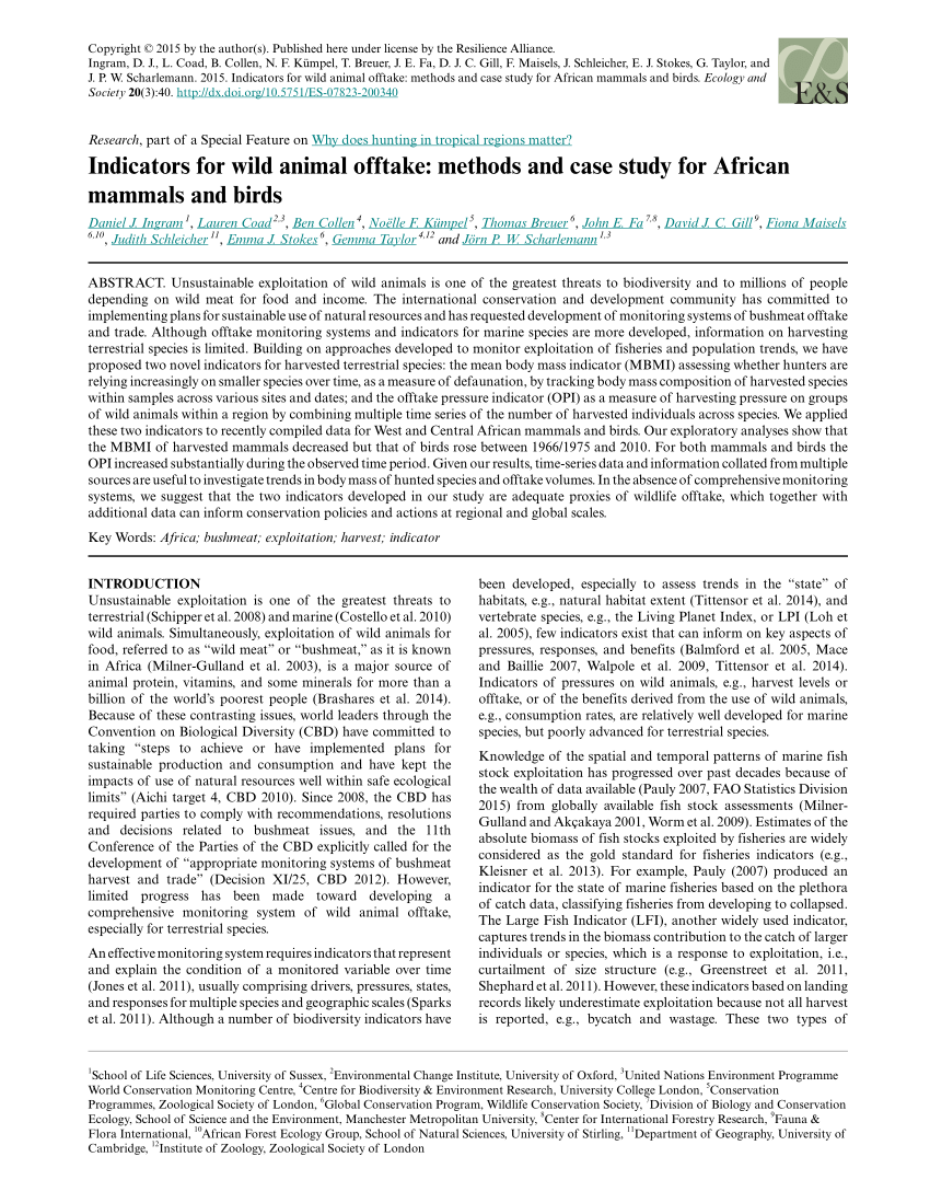 (PDF) Indicators for wild animal offtake: Methods and case study for