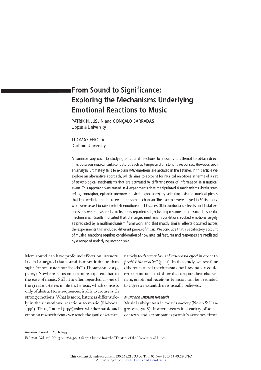 Pdf From Sound To Significance Exploring The Mechanisms Underlying Emotional Reactions To Music