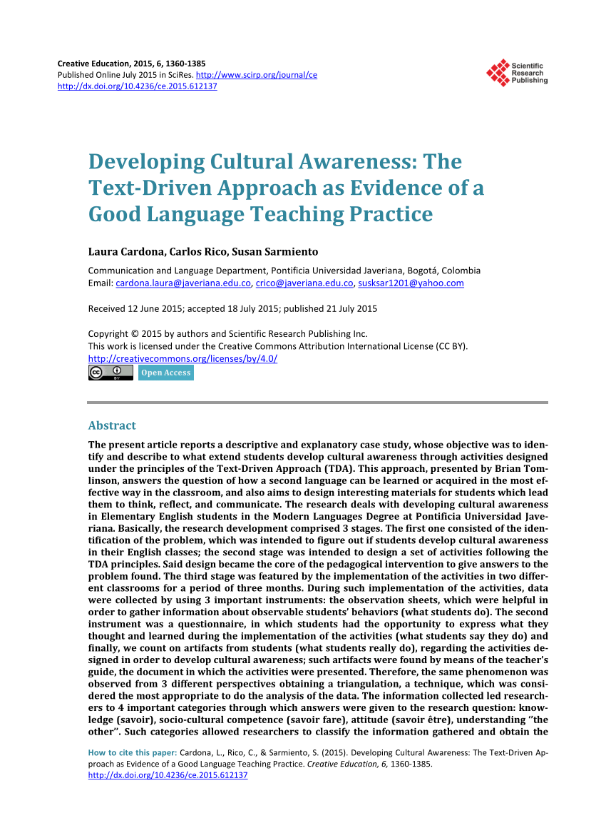 Pdf Developing Cultural Awareness The Text Driven Approach As Evidence Of A Good Language Teaching Practice