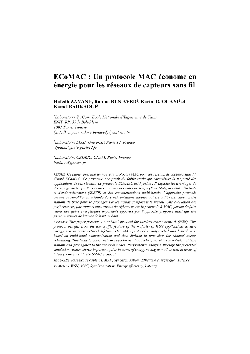 PDF) ECoMAC : Un protocole MAC économe en énergie pour les réseaux de  capteurs sans fil