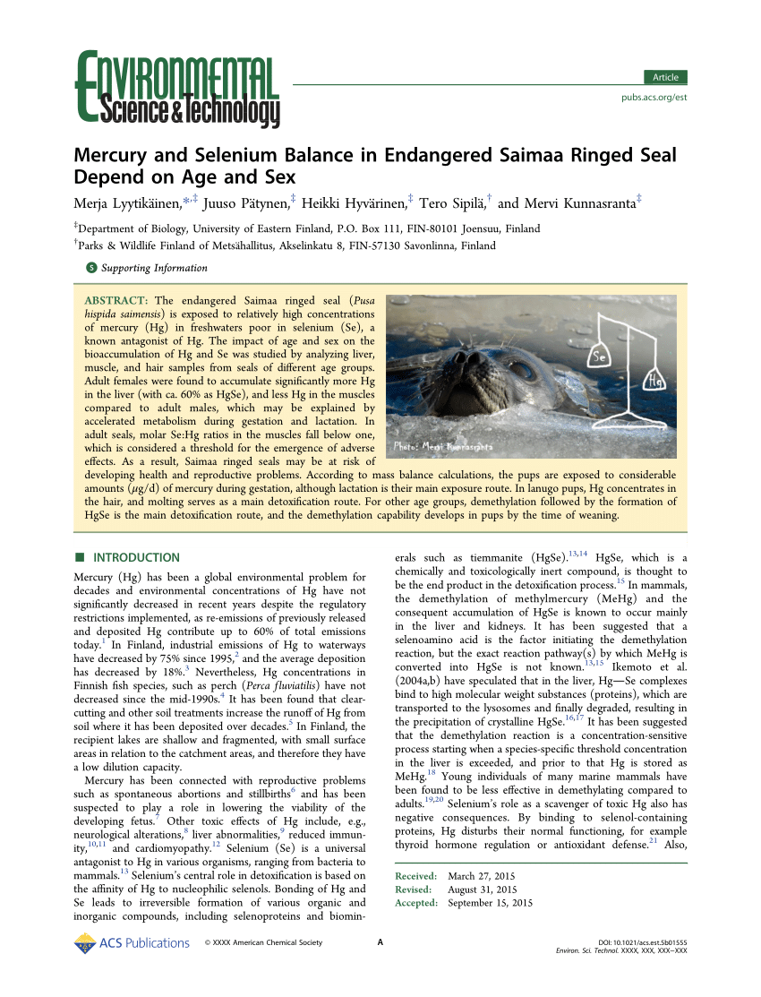 PDF Mercury and Selenium Balance in Endangered Saimaa Ringed Seal  