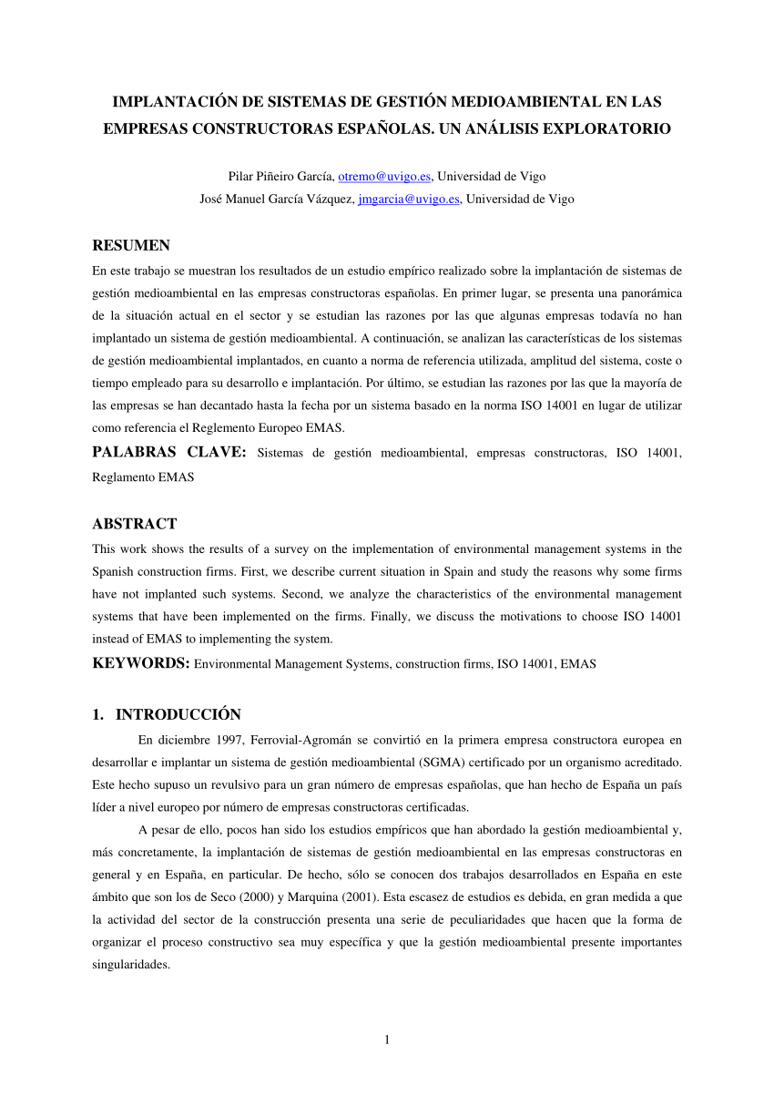 Pdf Implantacion De Sistemas De Gestion Medioambiental En Las Empresas Constructoras Espanolas Un Analisis Exploratorio