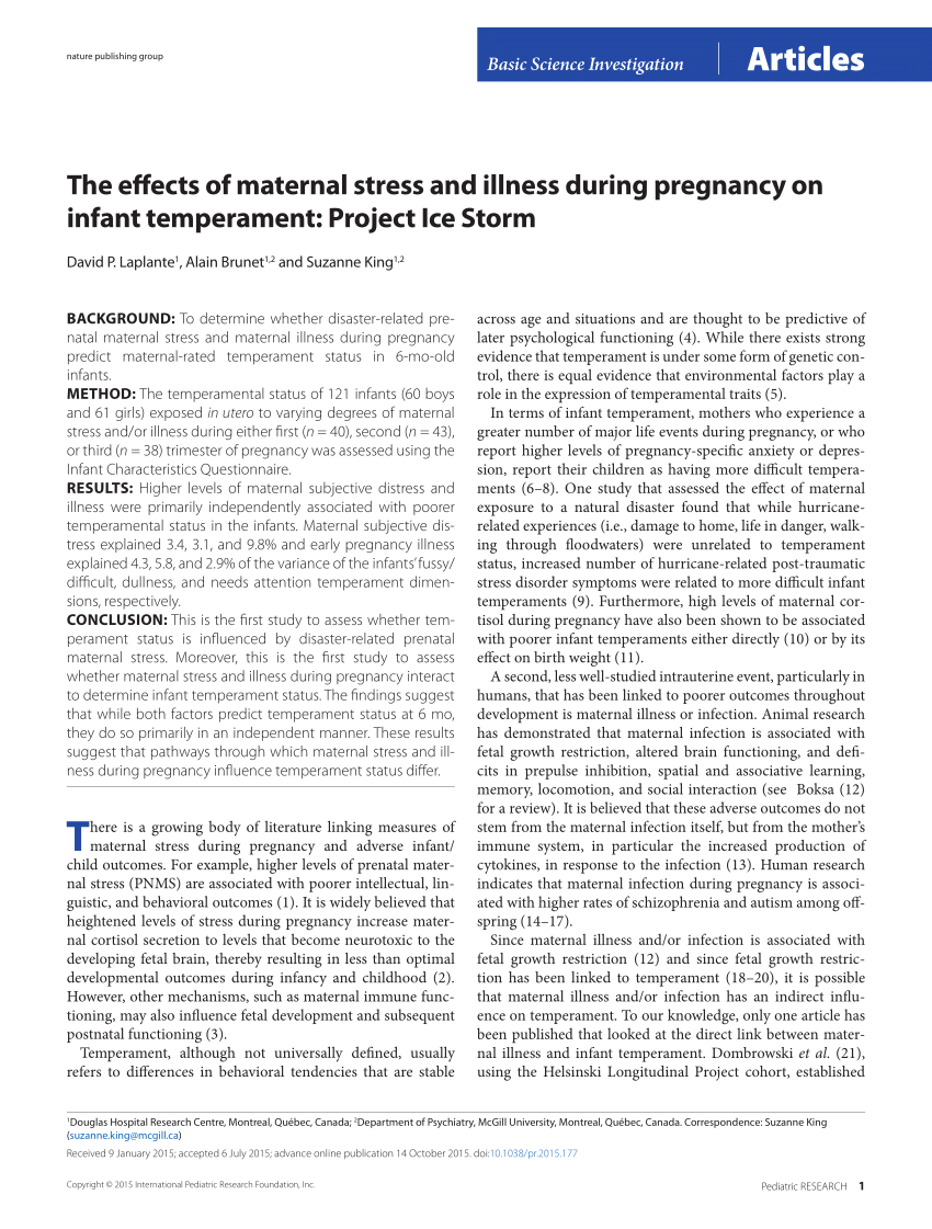 Pdf The Effects Of Maternal Stress And Illness During Pregnancy On Infant Temperament Project 9937