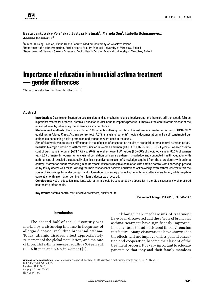 Pdf Importance Of Education In Bronchial Asthma Treatment Gender Differences 