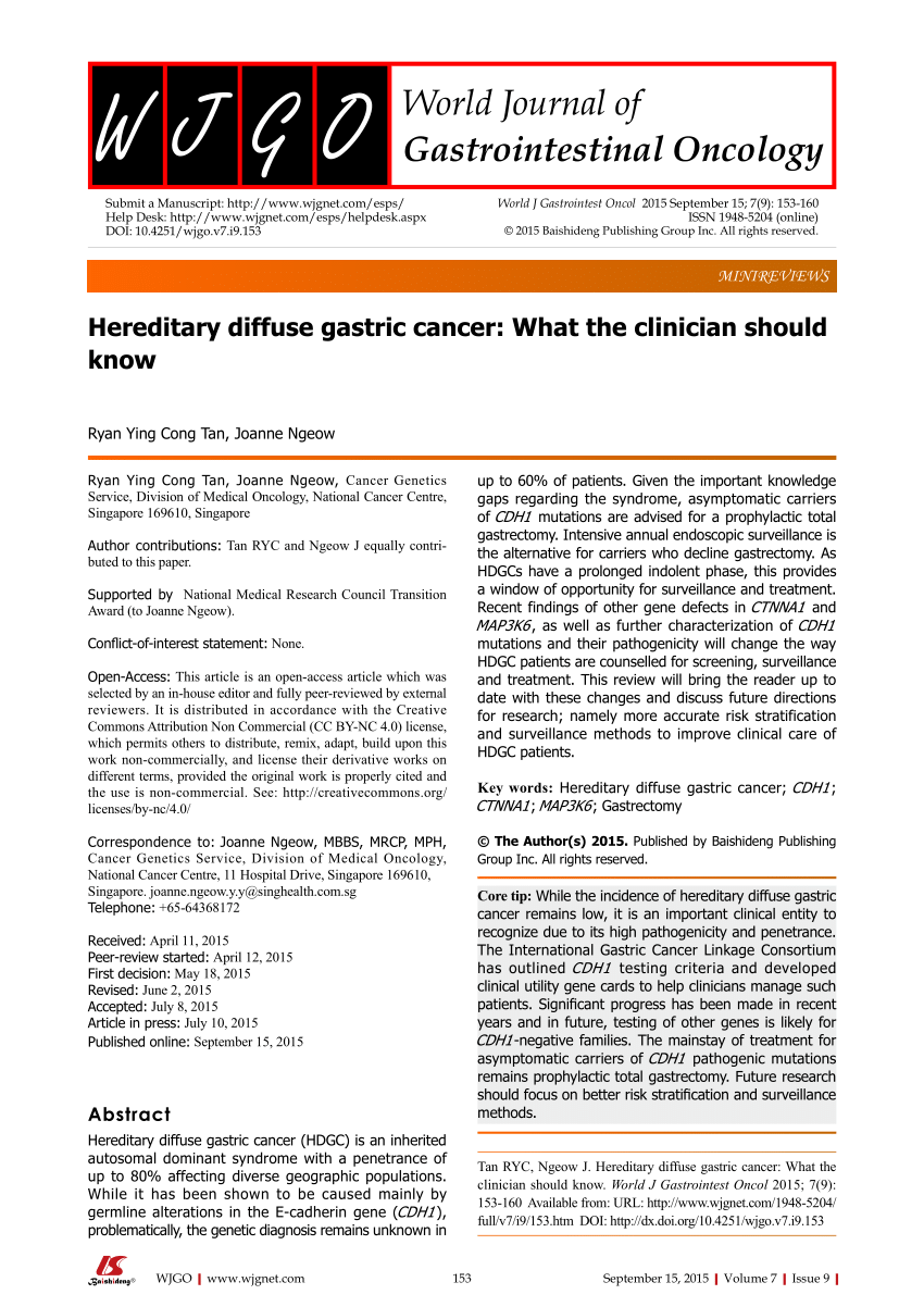 Pdf Hereditary Diffuse Gastric Cancer What The Clinician Should Know 