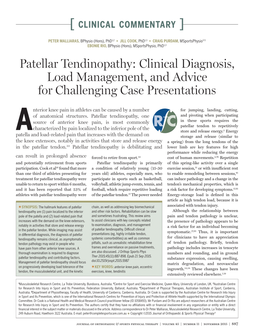 PDF) Patellar Tendinopathy: Clinical Diagnosis, Load Management, and Advice  for Challenging Case Presentations
