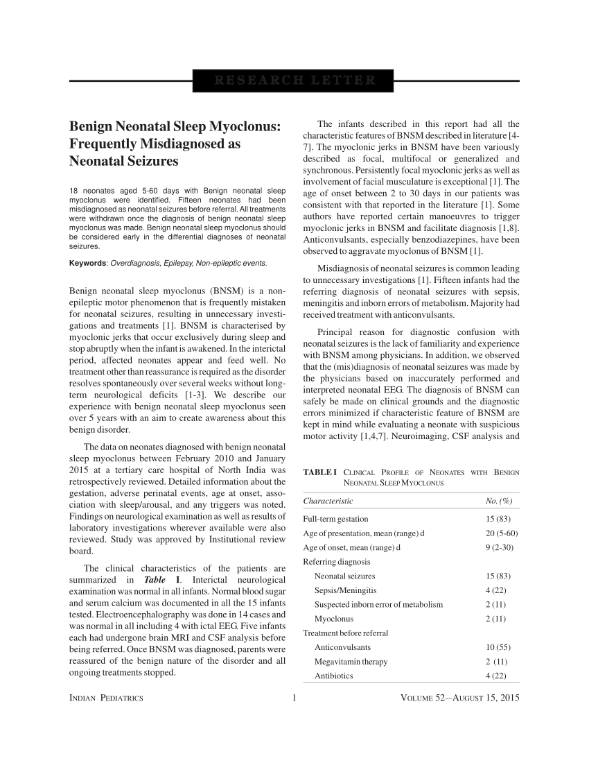 Pdf Benign Neonatal Sleep Myoclonus Frequently Misdiagnosed As Neonatal Seizures