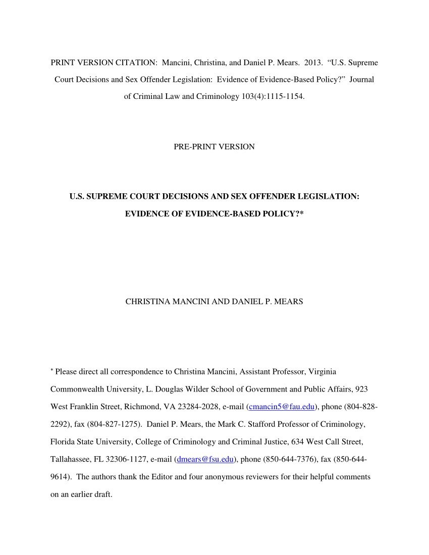 Pdf U S Supreme Court Decisions And Sex Offender Legislation