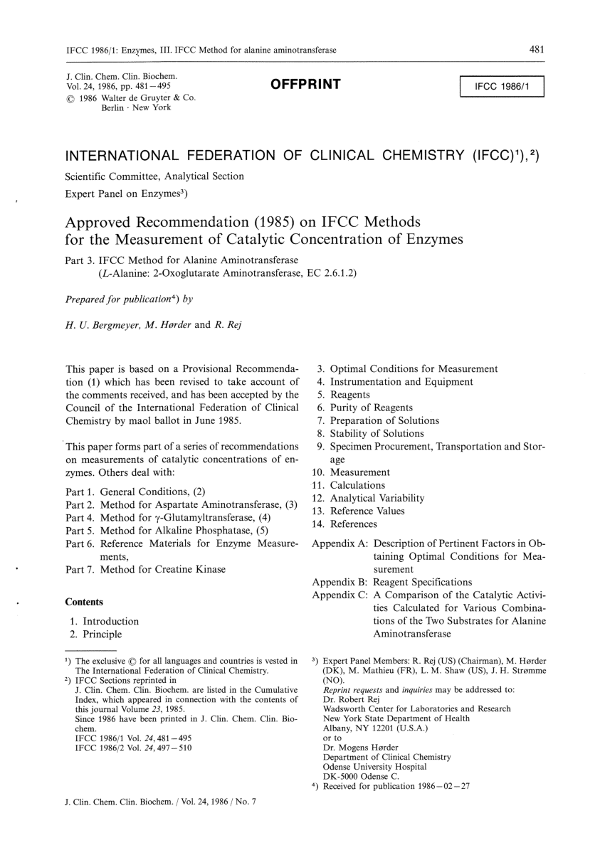 Pdf Approved Recommendation 1985 On Ifcc Methods For The Measurement Of Catalytic Concentration Of Enzymes Part 2 Ifcc Method For Aspartate Aminotransferase L Aspartate 2 Oxoglutarate Aminotransferase Ec 2 6 1 1