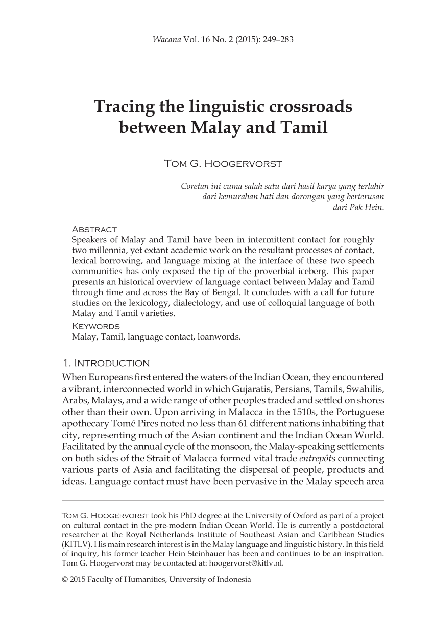 Pdf Tracing The Linguistic Crossroads Between Malay And Tamil