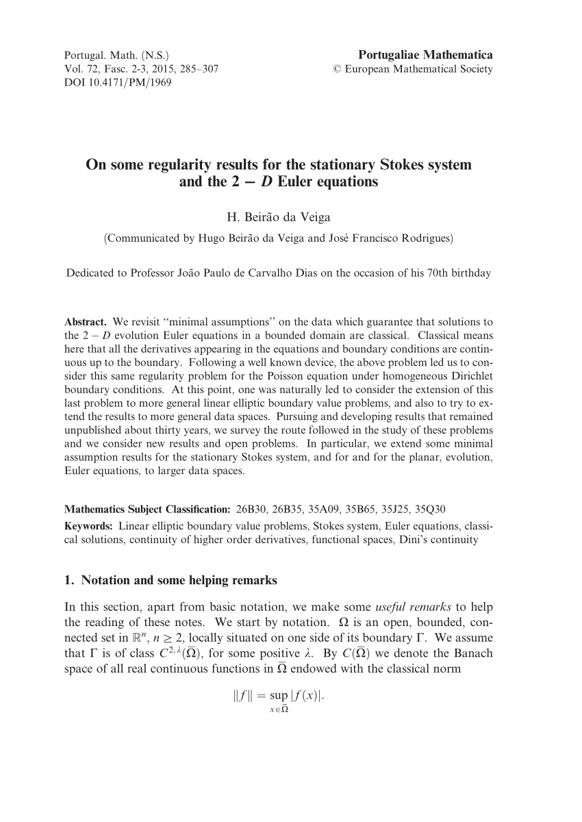 Pdf On Some Regularity Results For The Stationary Stokes System And The 2 D Euler Equations