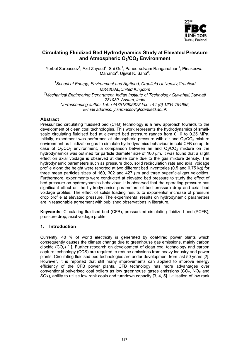 Pdf Circulating Fluidized Bed Hydrodynamics Study At Elevated Pressure And Atmospheric O2 Co2 Environment