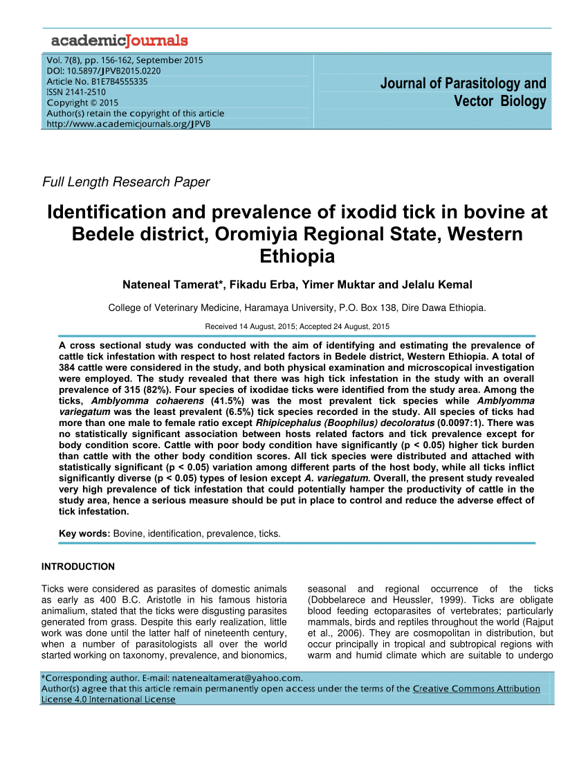 Ticks infestation in bovine prevalence of ixodid ticks