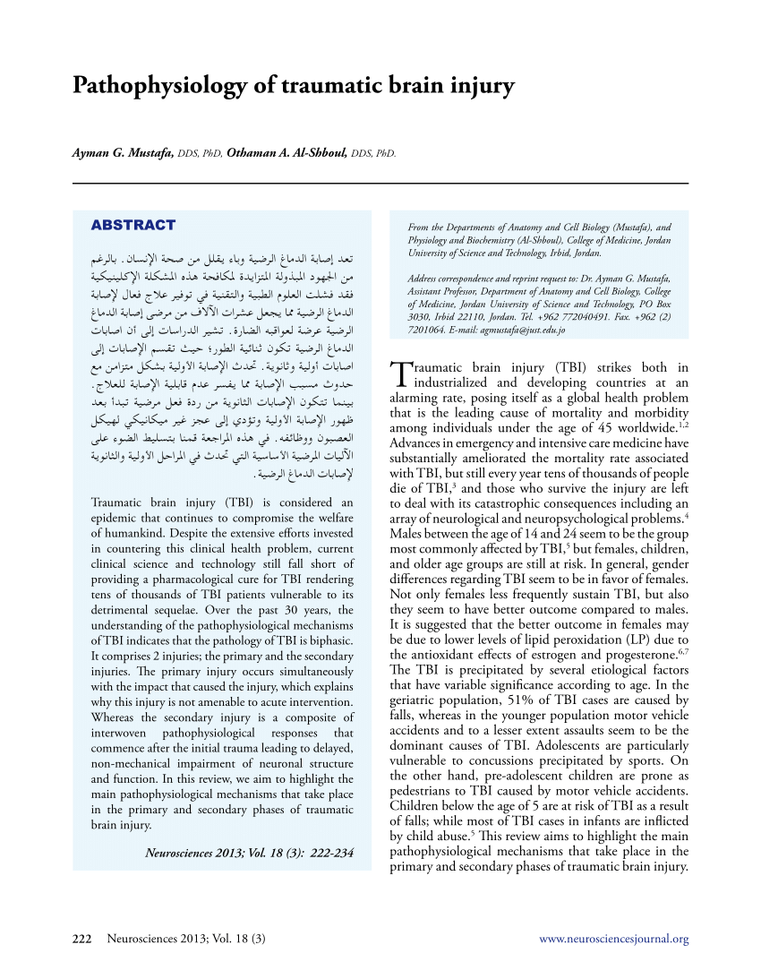 PDF) Pathophysiology of traumatic brain injury