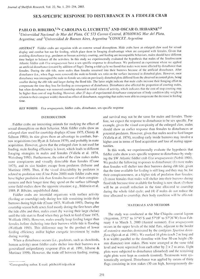 PDF) Sex specific response to disturbance in fiddler crabs