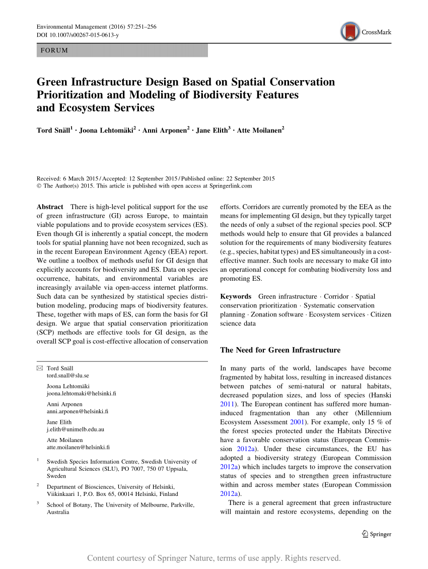 Pdf Green Infrastructure Design Based On Spatial Conservation Prioritization And Modeling Of Biodiversity Features And Ecosystem Services