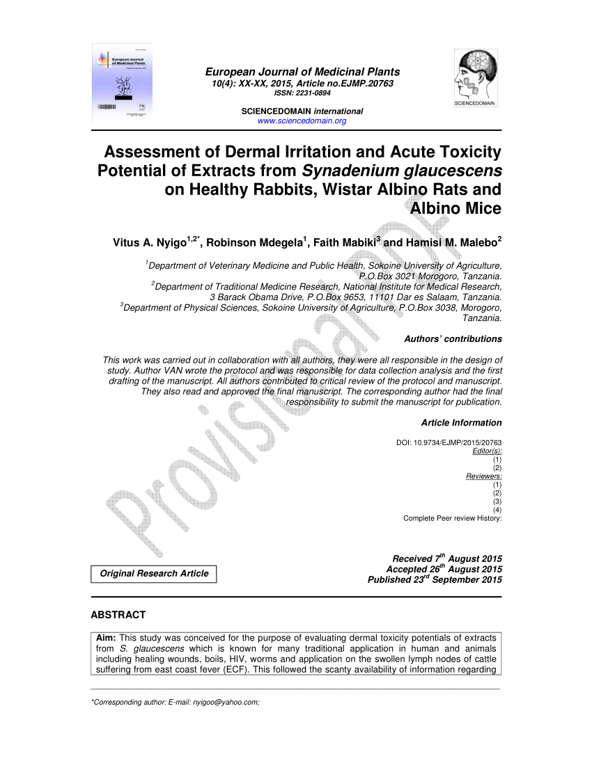 Pdf Assessment Of Dermal Irritation And Acute Toxicity Potential Of Extracts From Synadenium Glaucescens On Healthy Rabbits Wistar Albino Rats And Albino Mice