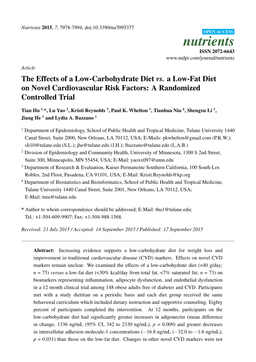 Pdf The Effects Of A Low Carbohydrate Diet Vs A Low Fat Diet On Novel Cardiovascular Risk 8515