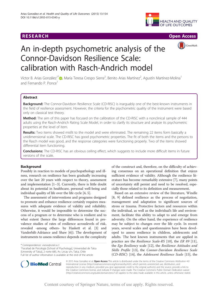 Pdf An In Depth Psychometric Analysis Of The Connor Davidson Resilience Scale Calibration With Rasch Andrich Model