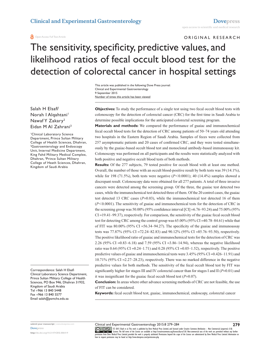 Pdf The Sensitivity Specificity Predictive Values And Likelihood Ratios Of Fecal Occult Blood Test For The Detection Of Colorectal Cancer In Hospital Settings
