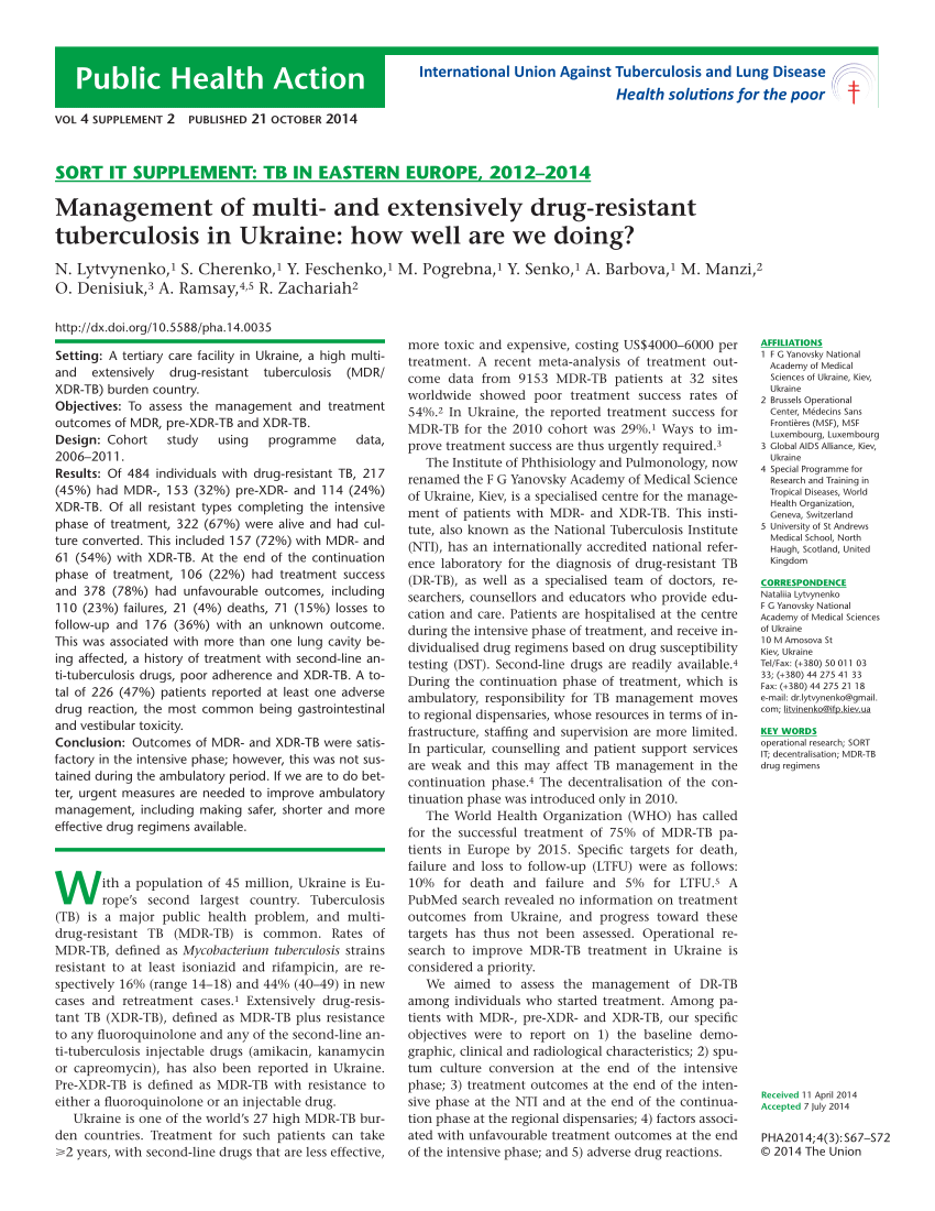 PDF) Management of multi- and extensively drug-resistant tuberculosis in  Ukraine: How well are we doing?