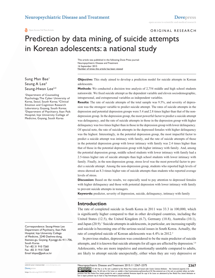 PDF) Prediction by data mining, of suicide attempts in Korean ...