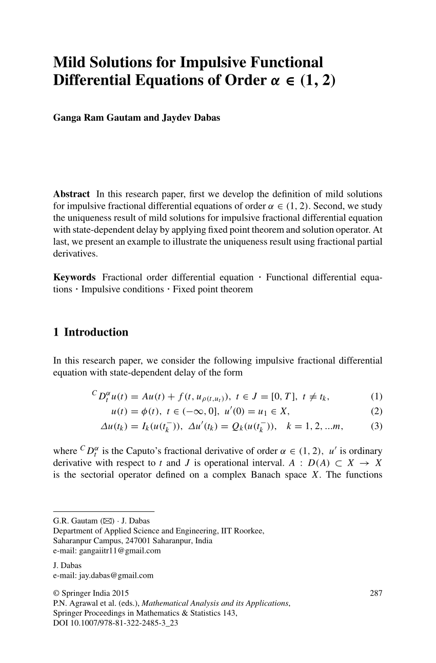 Pdf Mild Solutions For Impulsive Functional Differential Equations Of Order A 1 2